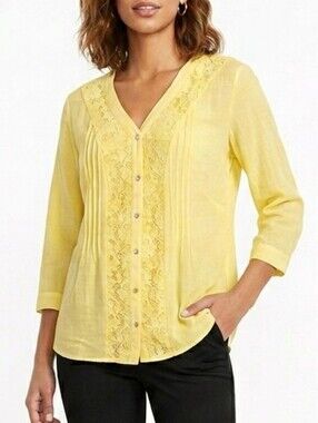 Kim Rogers Curvy Yellow Rayon Blend V-Neck Lace Detail Blouse 2X